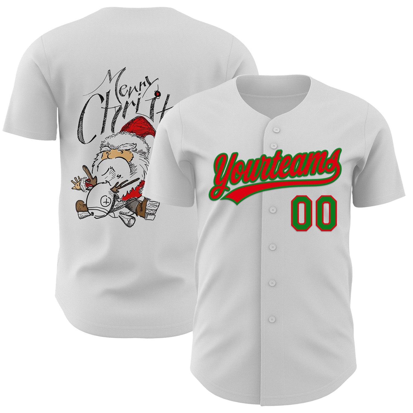Custom White Fire Red-Grass Green 3D Funny Christmas Authentic Baseball Jersey - Main View