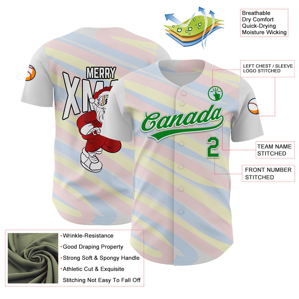 Custom White Grass Green 3D Funny Christmas Authentic Baseball Jersey view 3