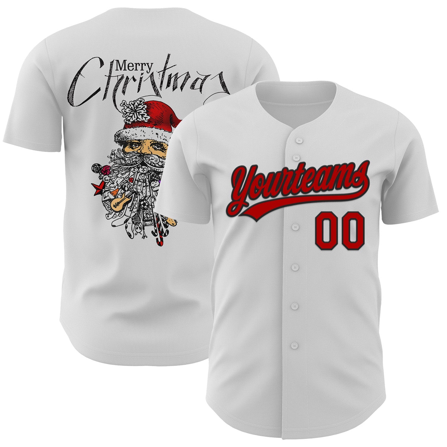 Custom White Red-Black 3D Funny Christmas Authentic Baseball Jersey - Main View