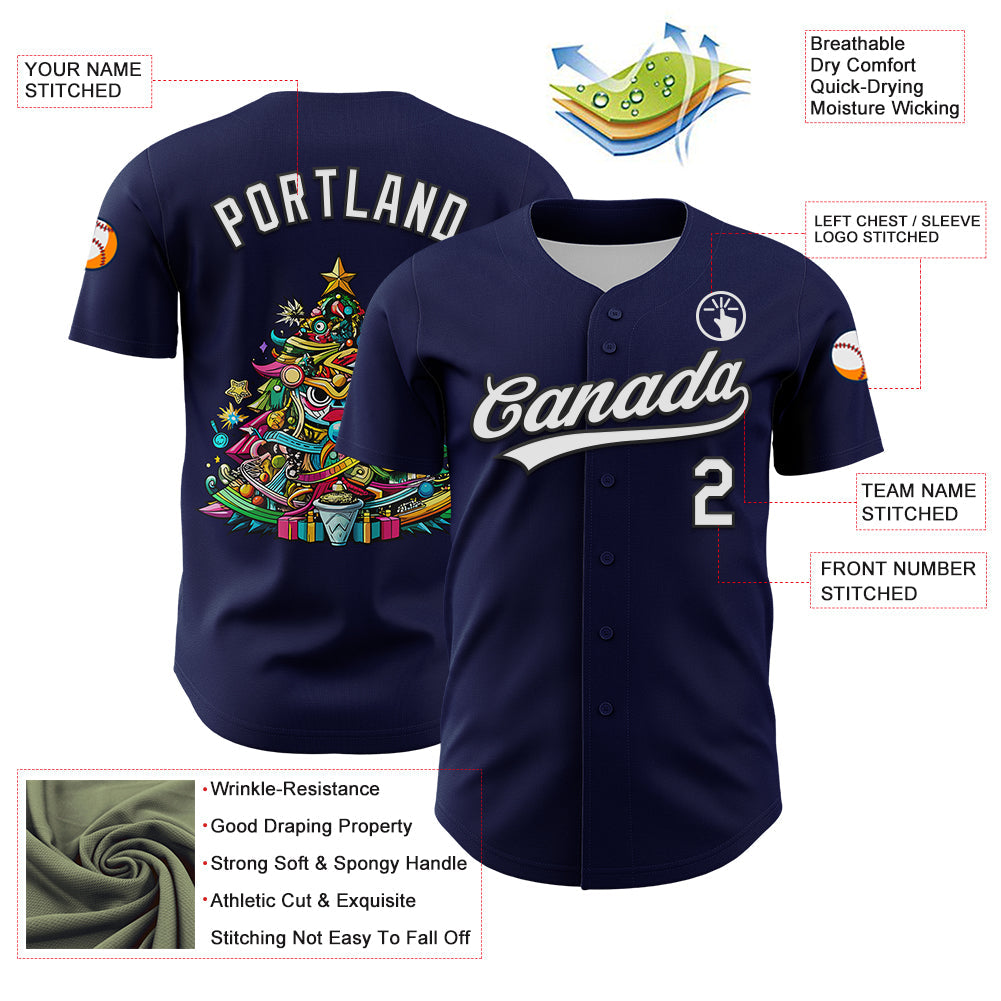 Custom Navy White-Black 3D Funny Christmas Authentic Baseball Jersey view 3