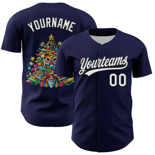 Custom Navy White-Black 3D Funny Christmas Authentic Baseball Jersey - Main View