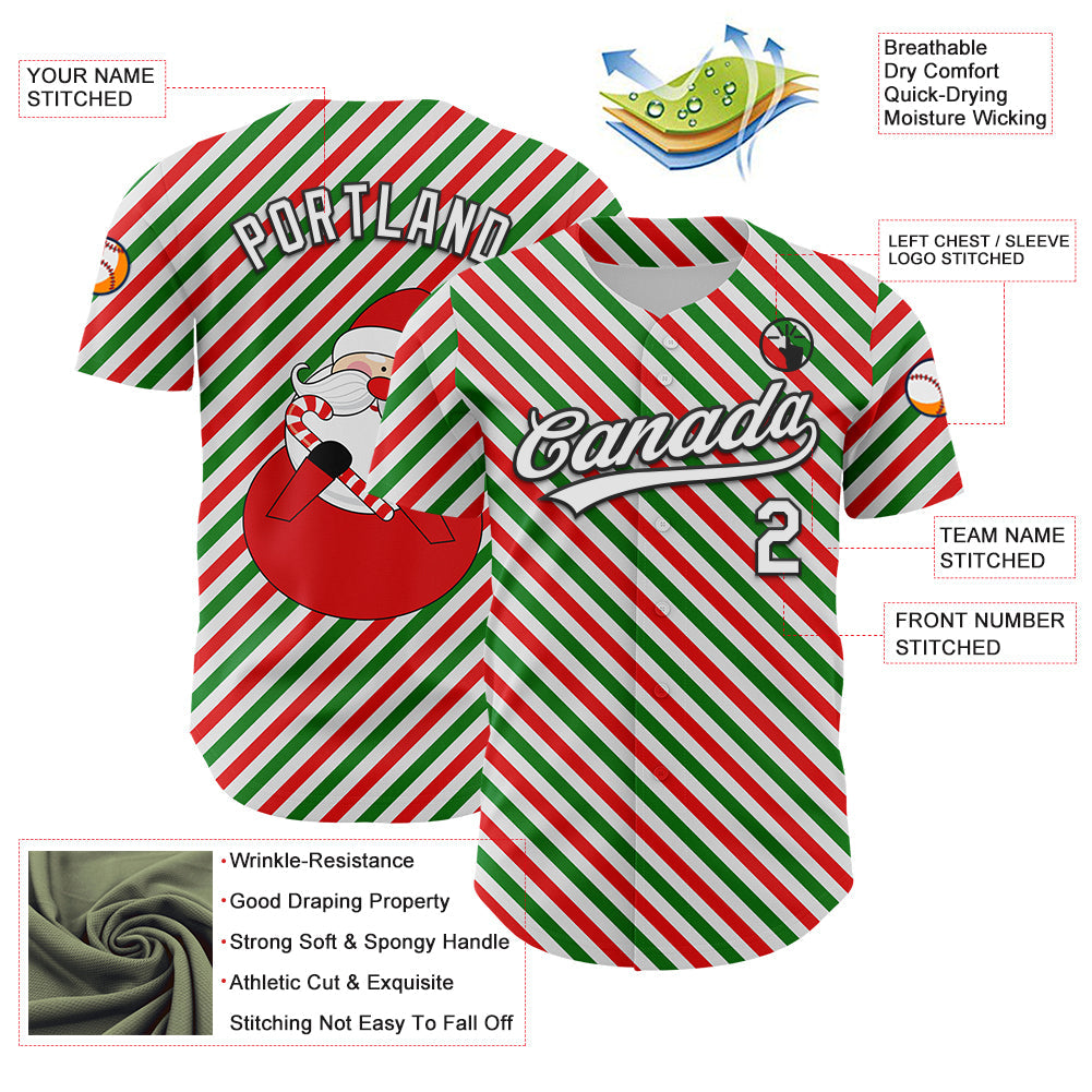 Custom White Black Red-Kelly Green 3D Funny Christmas Authentic Baseball Jersey view 3