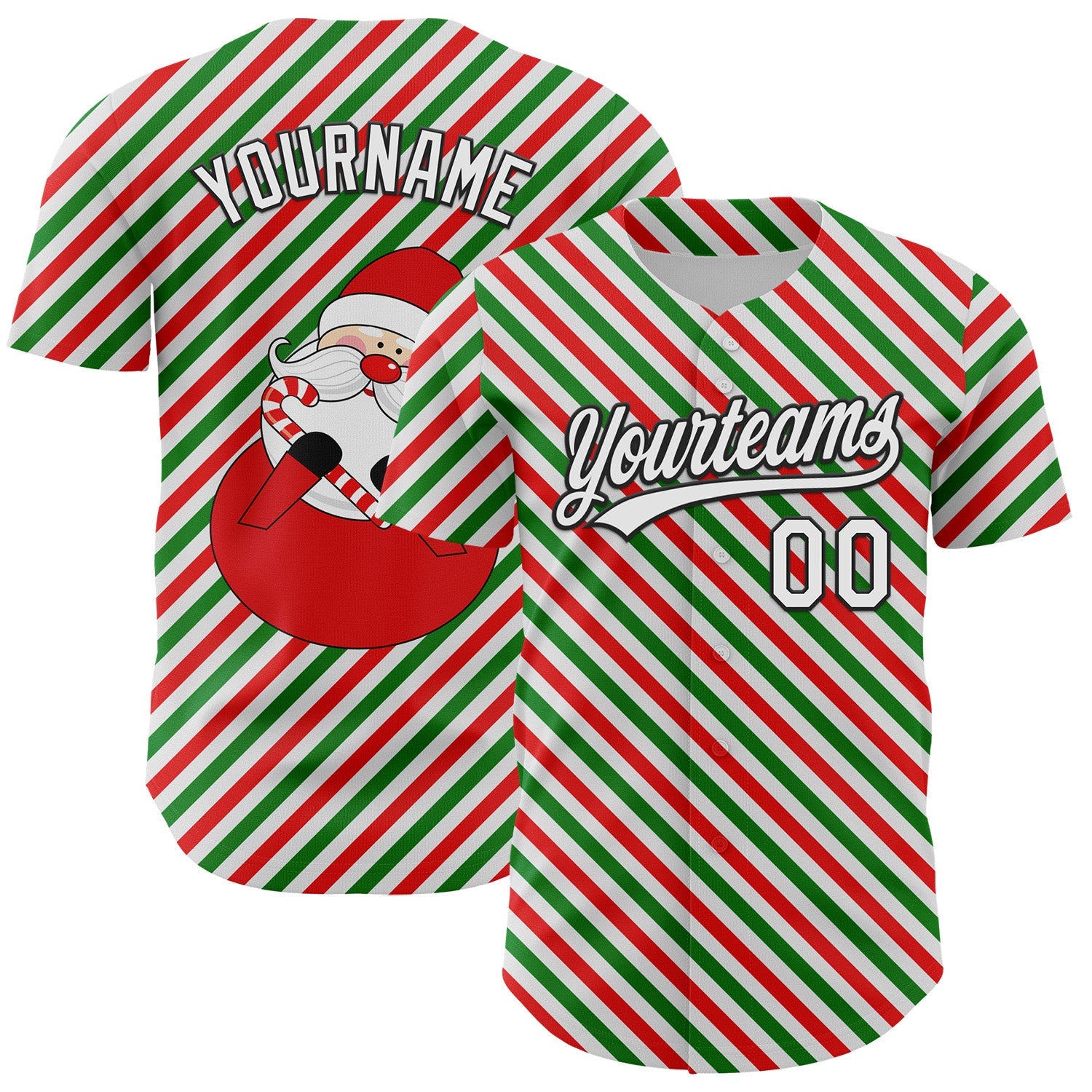 Custom White Black Red-Kelly Green 3D Funny Christmas Authentic Baseball Jersey - Main View