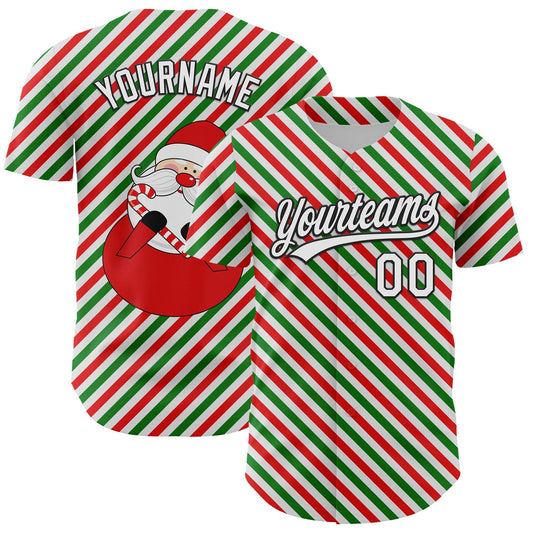Custom White Black Red-Kelly Green 3D Funny Christmas Authentic Baseball Jersey - Main View