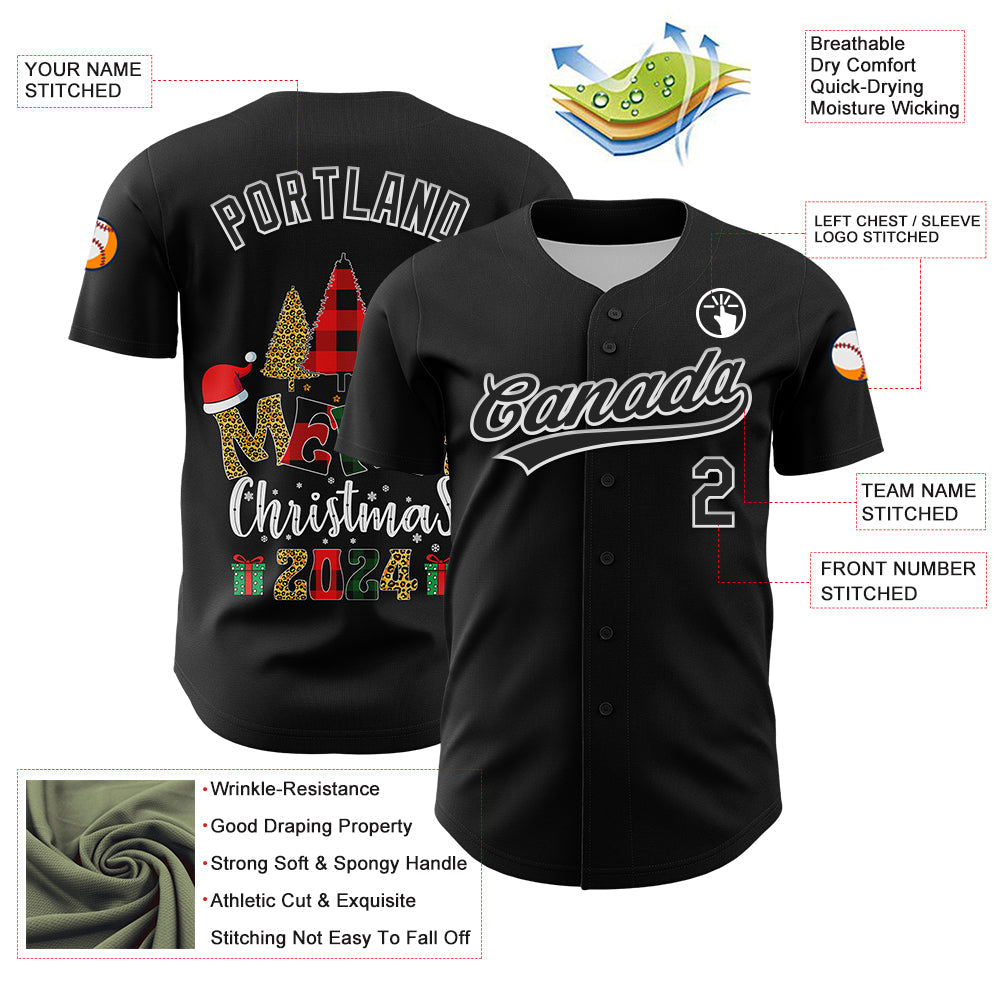 Custom Black White 3D Funny Christmas Authentic Baseball Jersey view 3