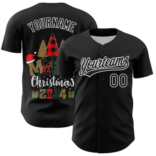 Custom Black White 3D Funny Christmas Authentic Baseball Jersey - Main View