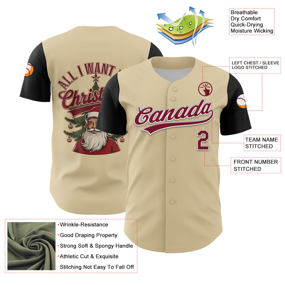 Custom Cream Crimson-White 3D Funny Christmas Authentic Baseball Jersey view 3