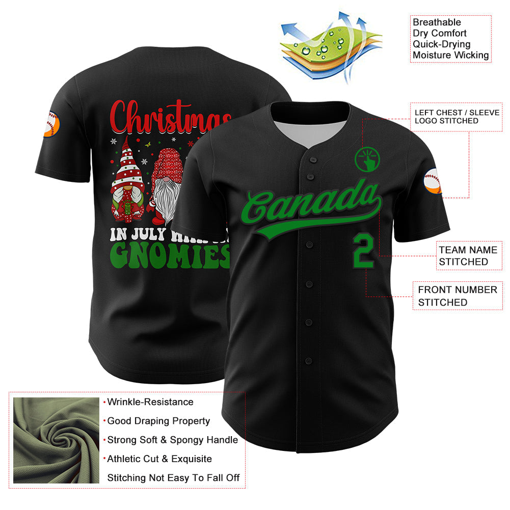 Custom Black Grass Green-Red 3D Funny Christmas Authentic Baseball Jersey view 3