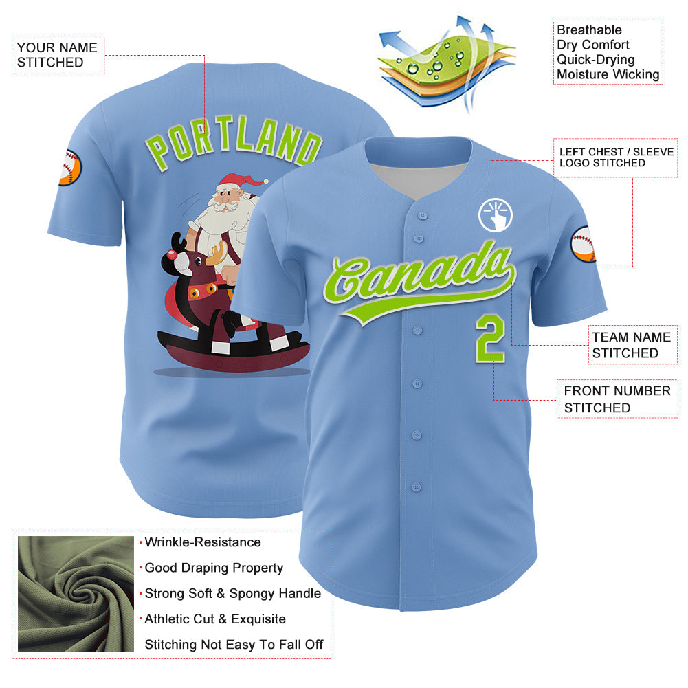 Custom Light Blue Neon Green-White 3D Funny Christmas Authentic Baseball Jersey view 3