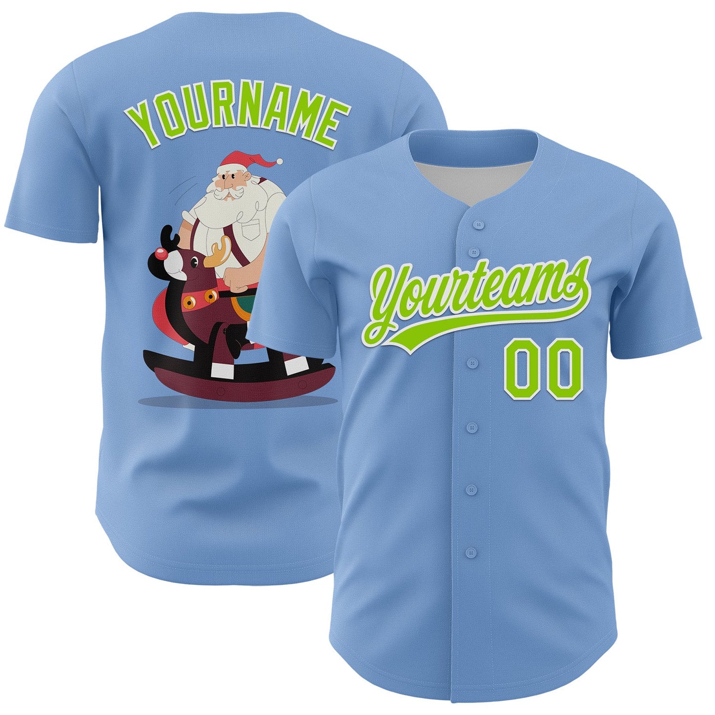 Custom Light Blue Neon Green-White 3D Funny Christmas Authentic Baseball Jersey - Main View