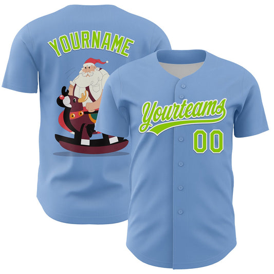Custom Light Blue Neon Green-White 3D Funny Christmas Authentic Baseball Jersey - Main View