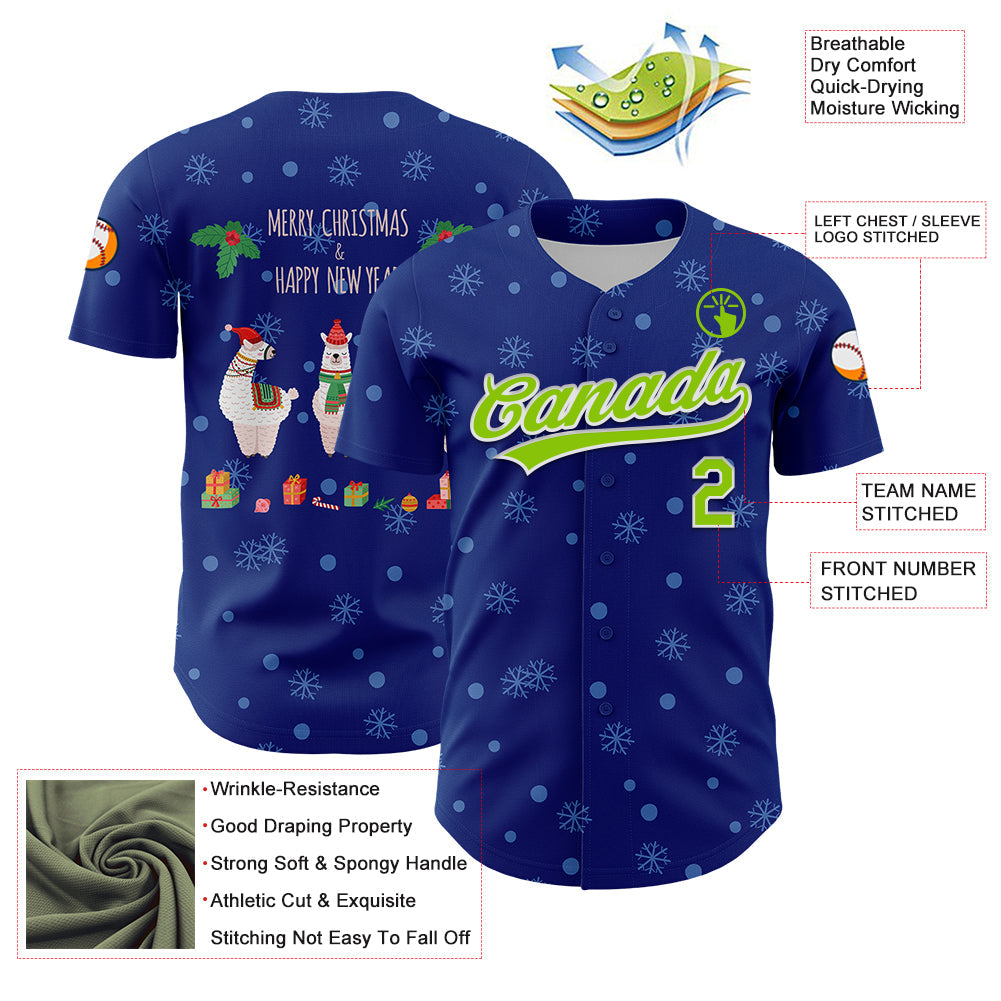 Custom Royal Neon Green-White 3D Funny Christmas Authentic Baseball Jersey view 3