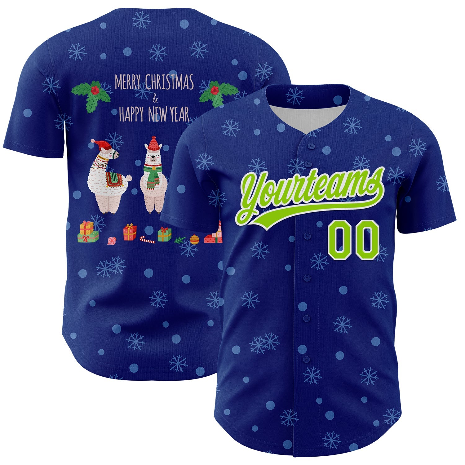 Custom Royal Neon Green-White 3D Funny Christmas Authentic Baseball Jersey - Main View