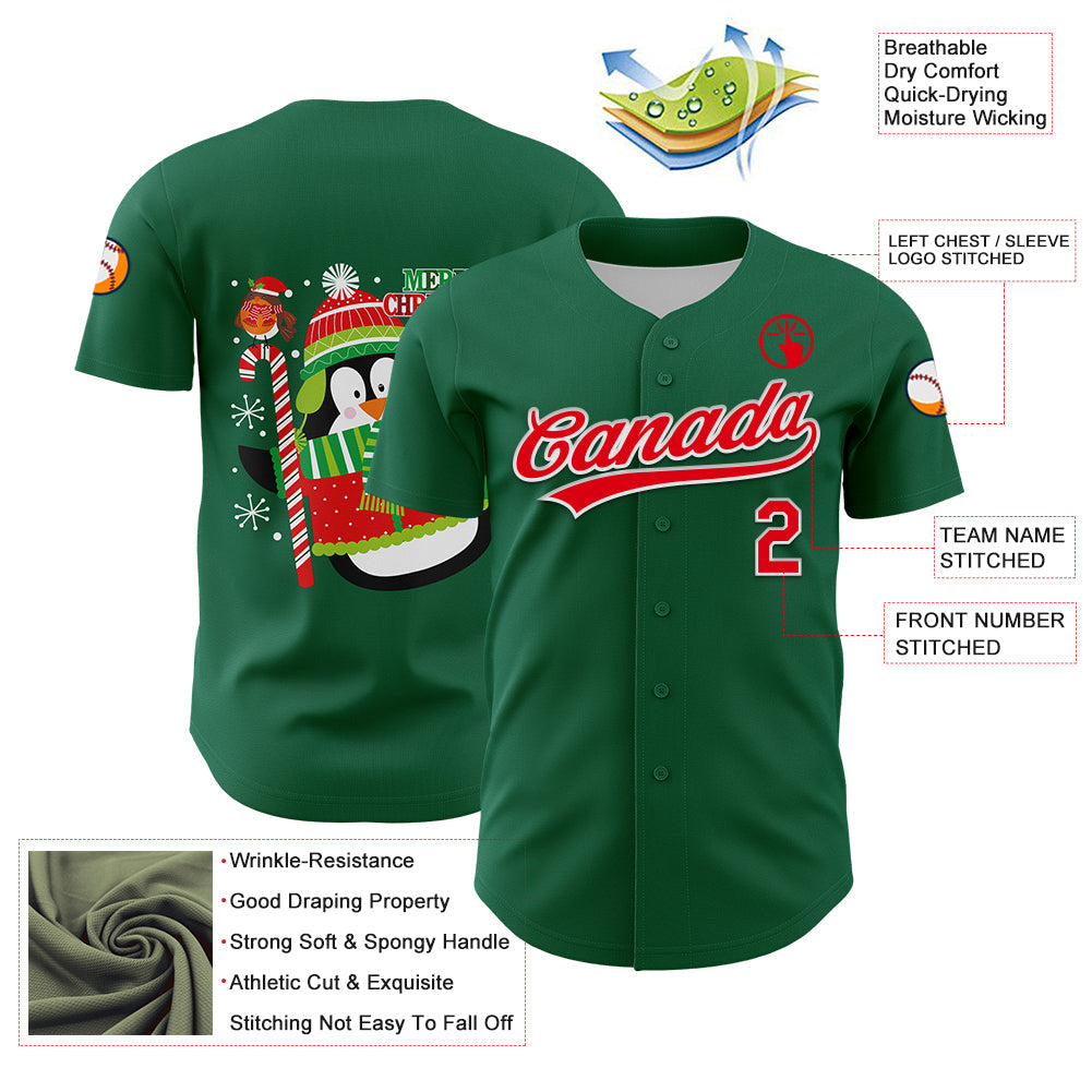 Custom Kelly Green Fire Red-White 3D Funny Christmas Authentic Baseball Jersey view 3
