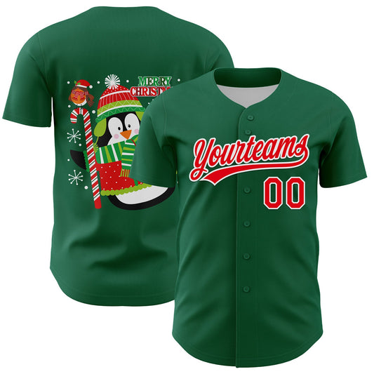Custom Kelly Green Fire Red-White 3D Funny Christmas Authentic Baseball Jersey - Main View