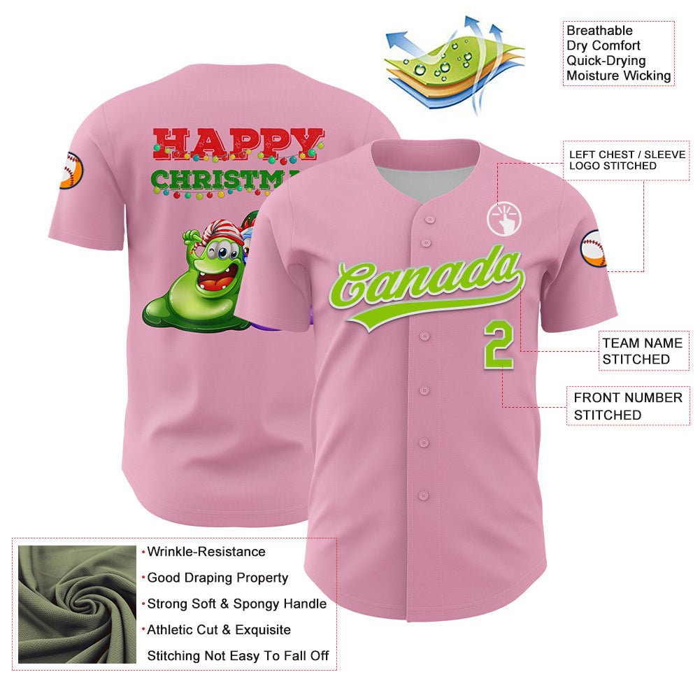 Custom Light Pink Neon Green Red-Kelly Green 3D Funny Christmas Authentic Baseball Jersey view 3