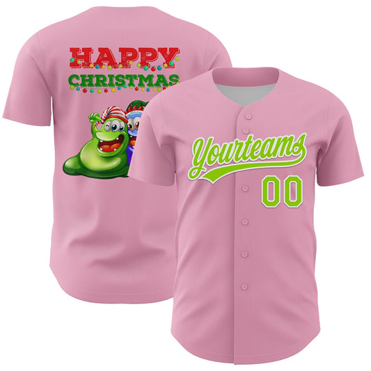 Custom Light Pink Neon Green Red-Kelly Green 3D Funny Christmas Authentic Baseball Jersey - Main View