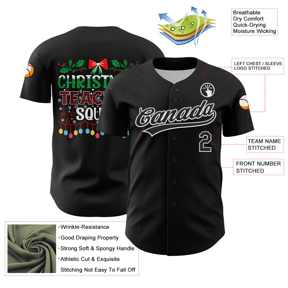 Custom Black Kelly Green-Red 3D Funny Christmas Authentic Baseball Jersey view 3