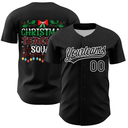 Custom Black Kelly Green-Red 3D Funny Christmas Authentic Baseball Jersey - Main View