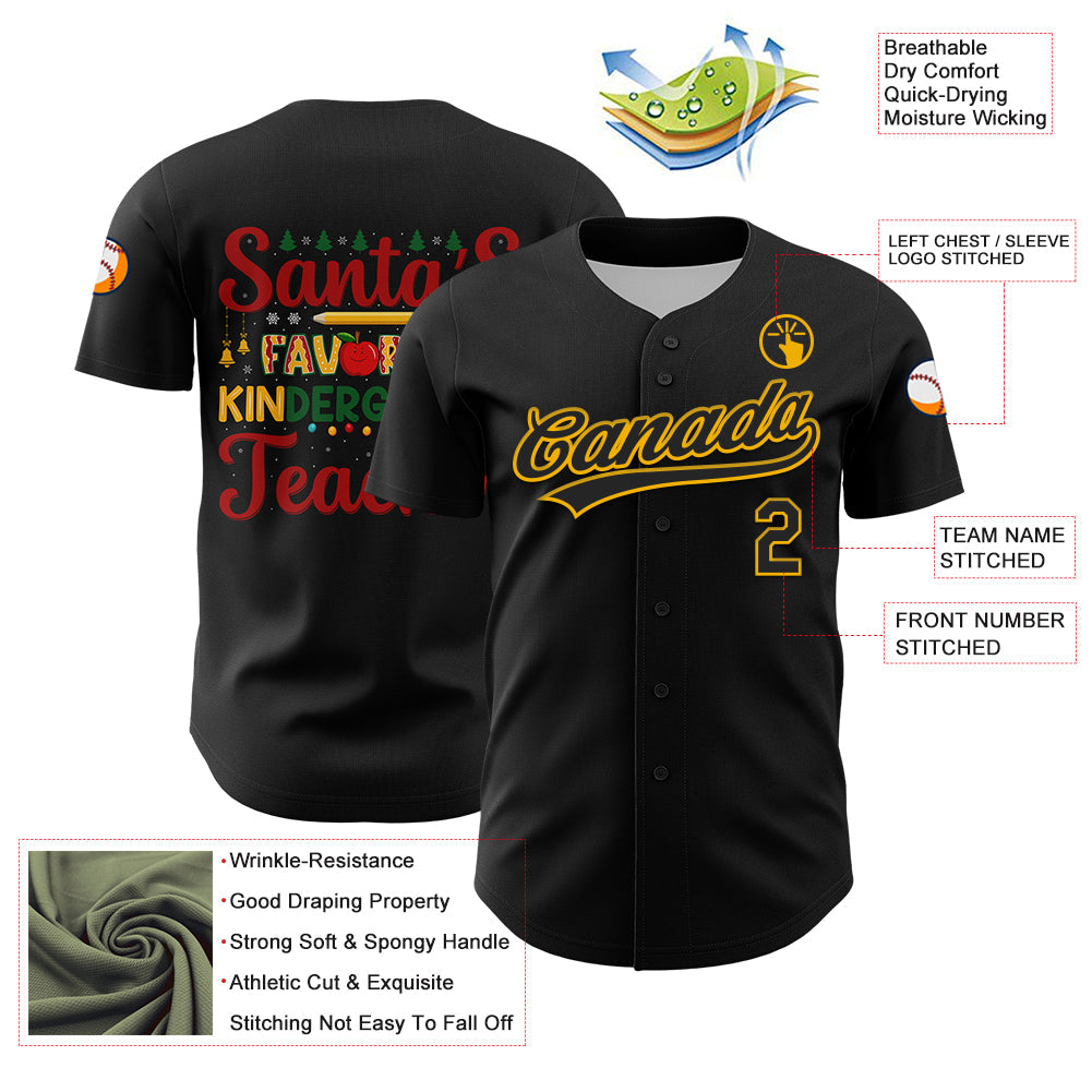 Custom Black Gold Kelly Green-Red 3D Funny Christmas Authentic Baseball Jersey view 3