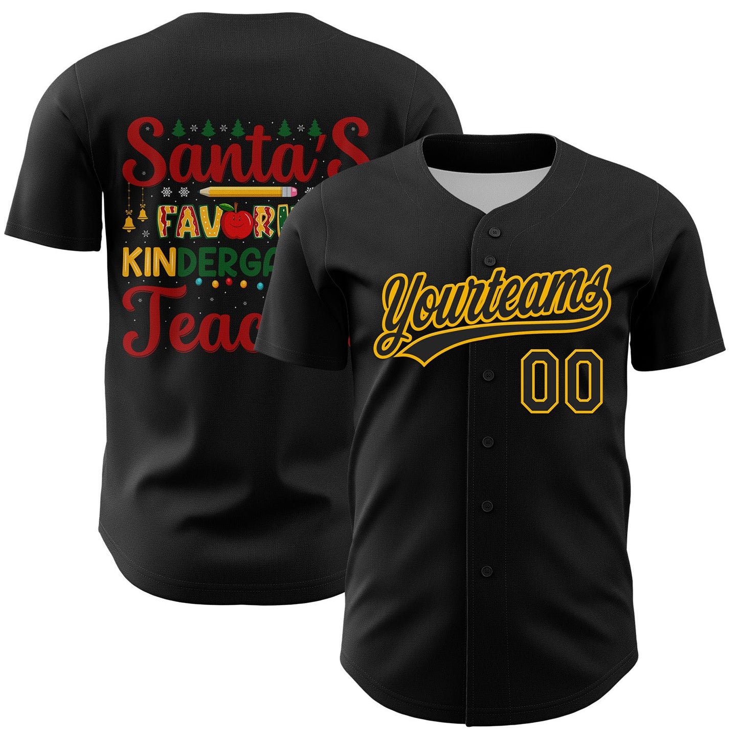 Custom Black Gold Kelly Green-Red 3D Funny Christmas Authentic Baseball Jersey - Main View