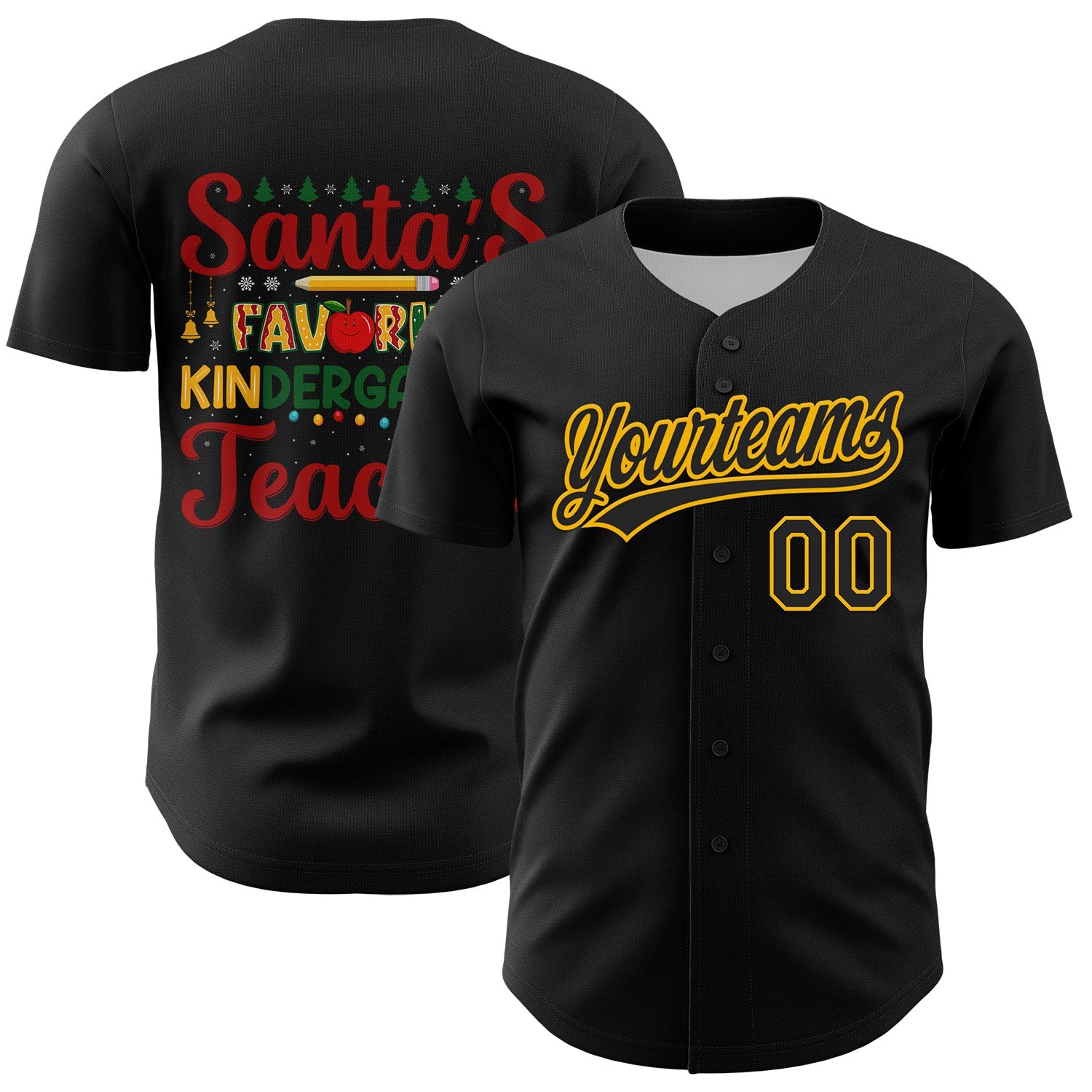Custom Black Gold Kelly Green-Red 3D Funny Christmas Authentic Baseball Jersey - Main View