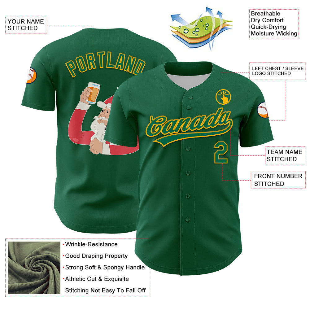 Custom Kelly Green Gold 3D Funny Christmas Authentic Baseball Jersey view 3
