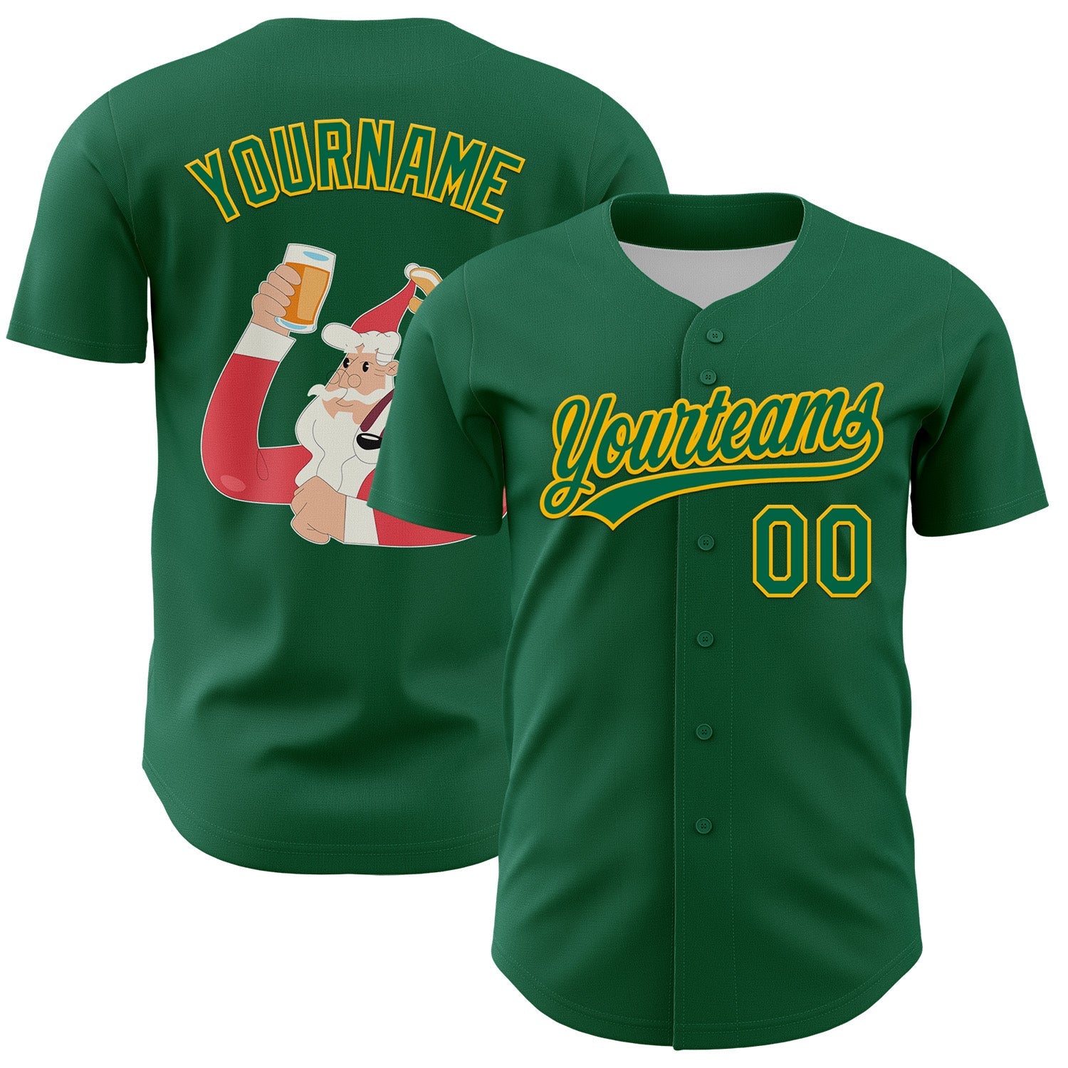 Custom Kelly Green Gold 3D Funny Christmas Authentic Baseball Jersey - Main View