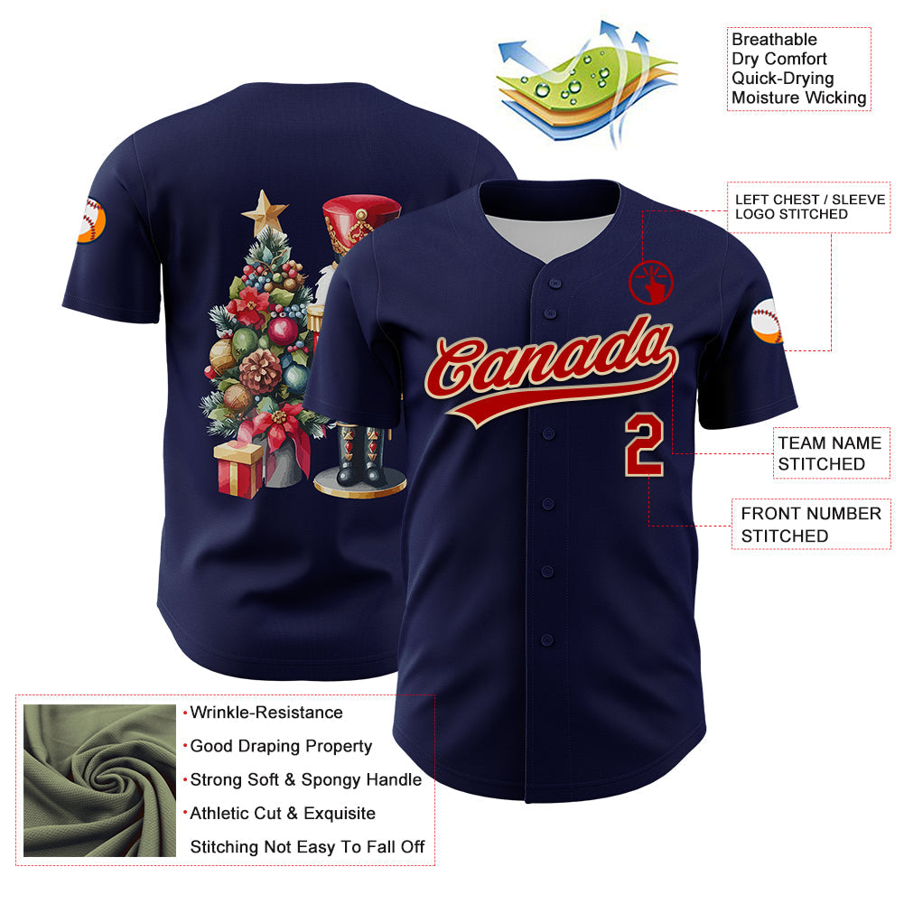 Custom Navy Red-Cream 3D Funny Christmas Authentic Baseball Jersey view 3