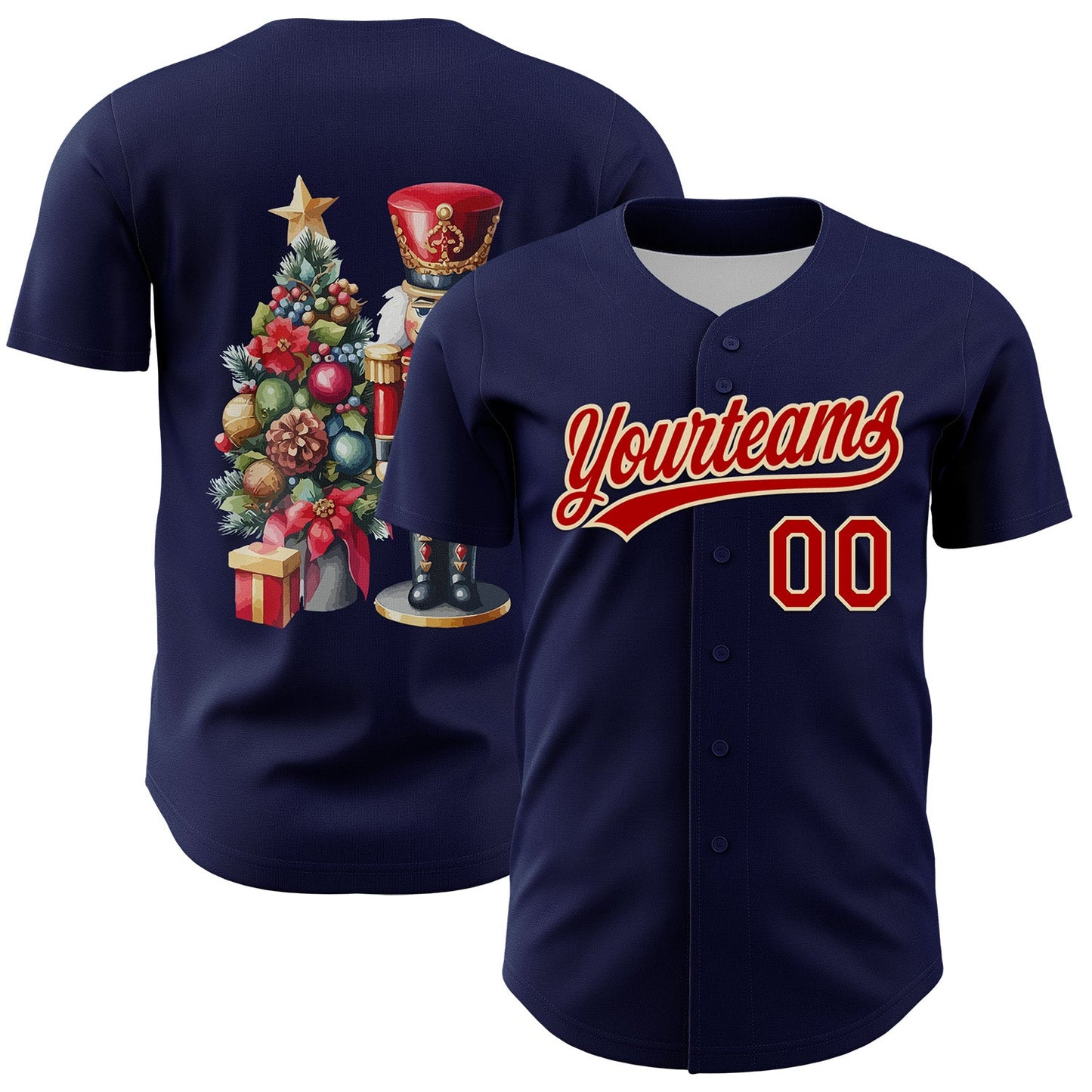 Custom Navy Red-Cream 3D Funny Christmas Authentic Baseball Jersey - Main View