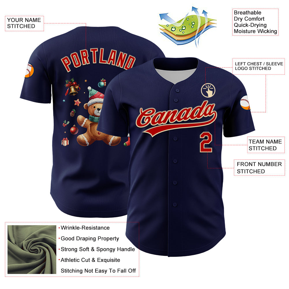 Custom Navy Red-Cream 3D Funny Christmas Authentic Baseball Jersey view 3