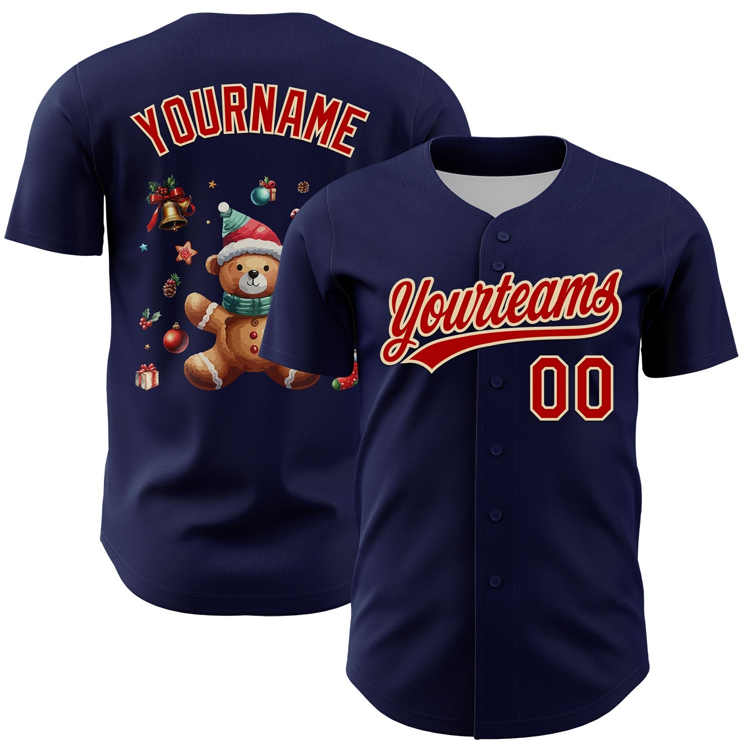 Custom Navy Red-Cream 3D Funny Christmas Authentic Baseball Jersey - Main View