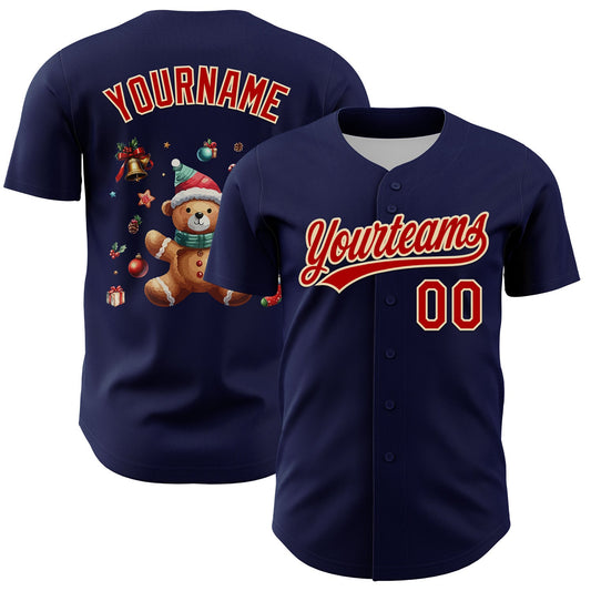Custom Navy Red-Cream 3D Funny Christmas Authentic Baseball Jersey - Main View