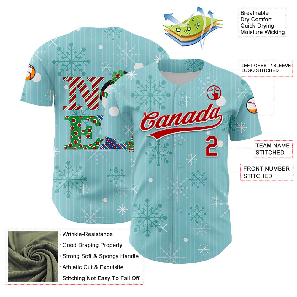 Custom Ice Blue Red-Kelly Green 3D Funny Christmas Authentic Baseball Jersey view 3