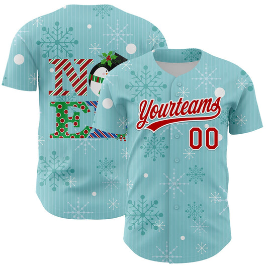 Custom Ice Blue Red-Kelly Green 3D Funny Christmas Authentic Baseball Jersey - Main View