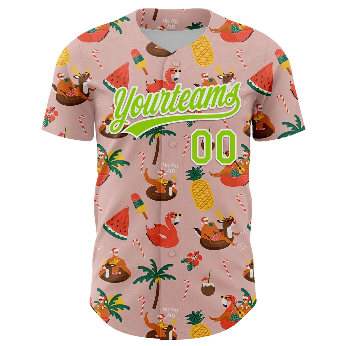 Custom Medium Pink Neon Green-White 3D Funny Christmas Authentic Baseball Jersey view 2