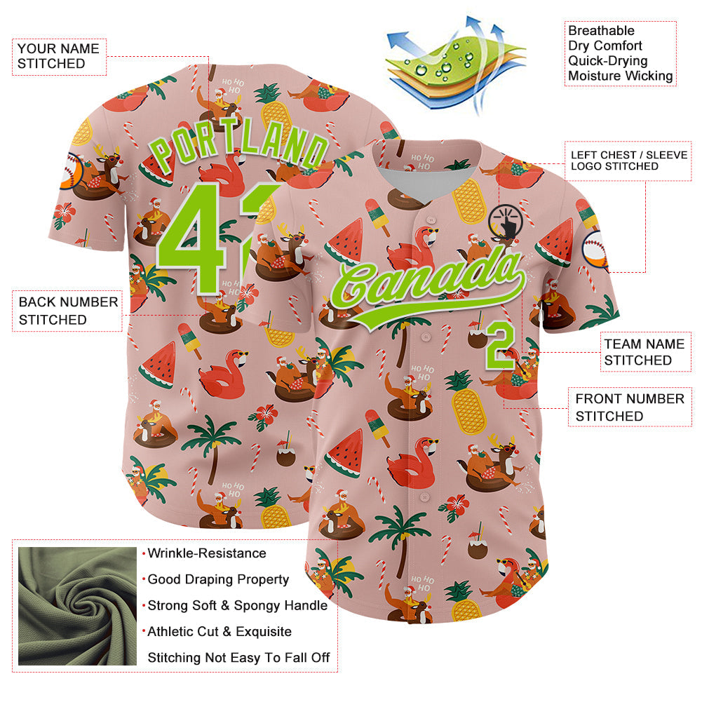Custom Medium Pink Neon Green-White 3D Funny Christmas Authentic Baseball Jersey view 3
