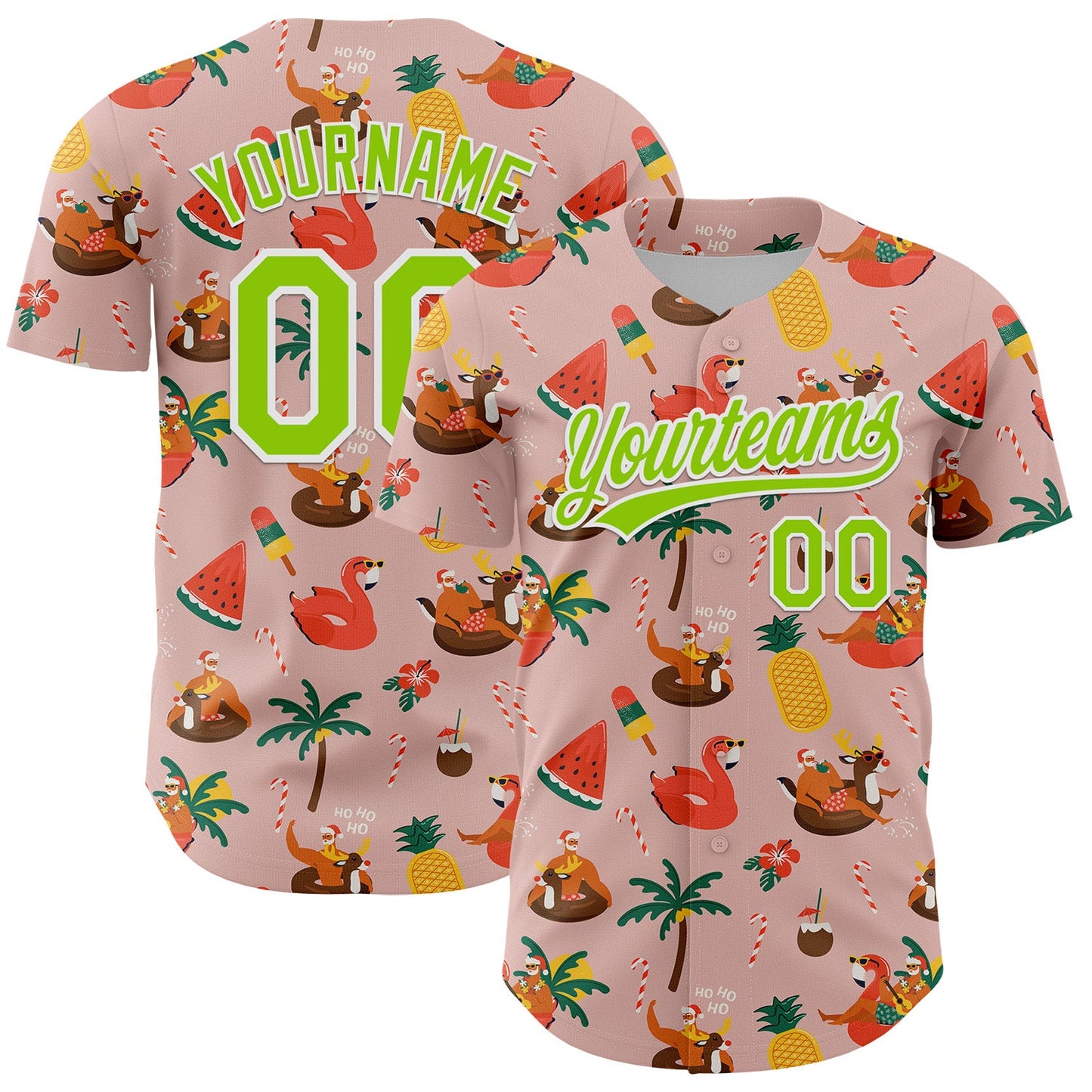 Custom Medium Pink Neon Green-White 3D Funny Christmas Authentic Baseball Jersey - Main View