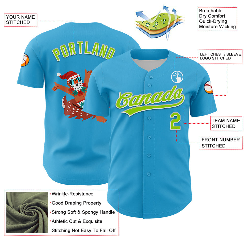 Custom Sky Blue Neon Green-White 3D Funny Christmas Authentic Baseball Jersey view 3