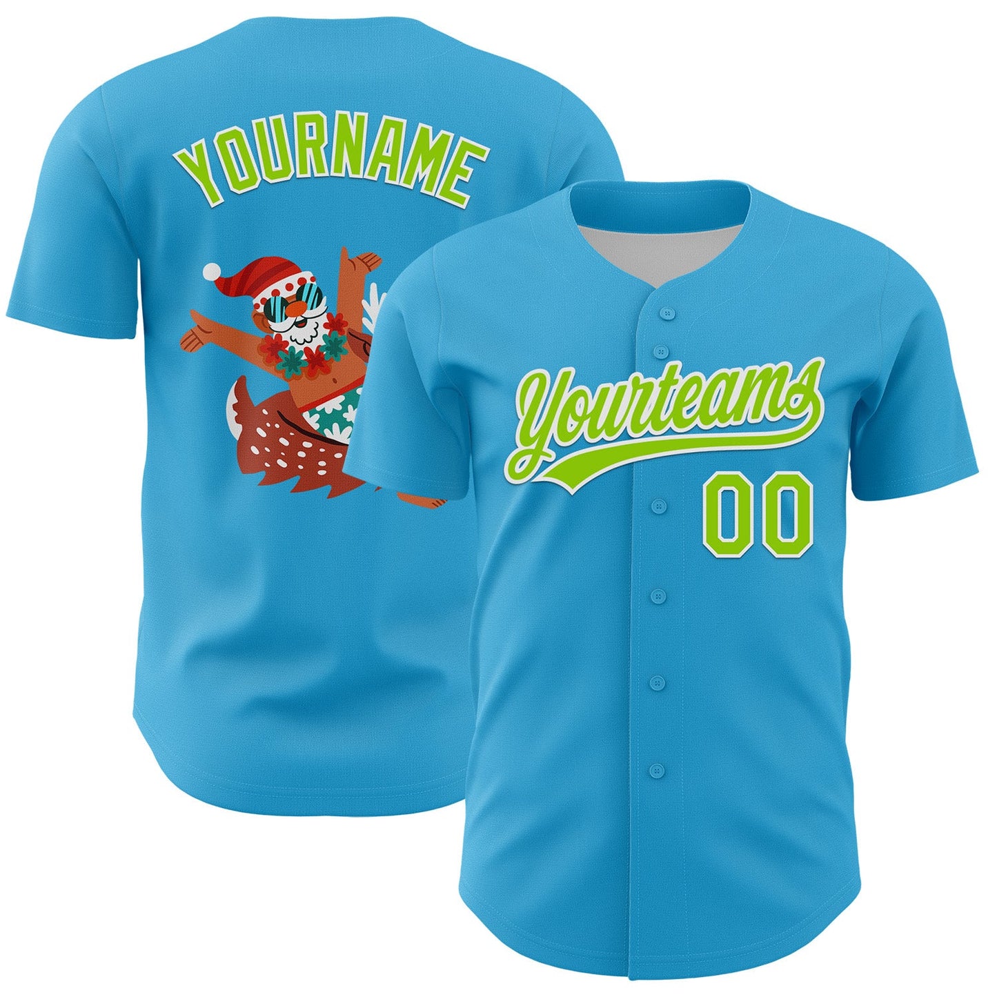 Custom Sky Blue Neon Green-White 3D Funny Christmas Authentic Baseball Jersey - Main View