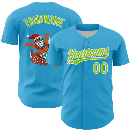 Custom Sky Blue Neon Green-White 3D Funny Christmas Authentic Baseball Jersey - Main View