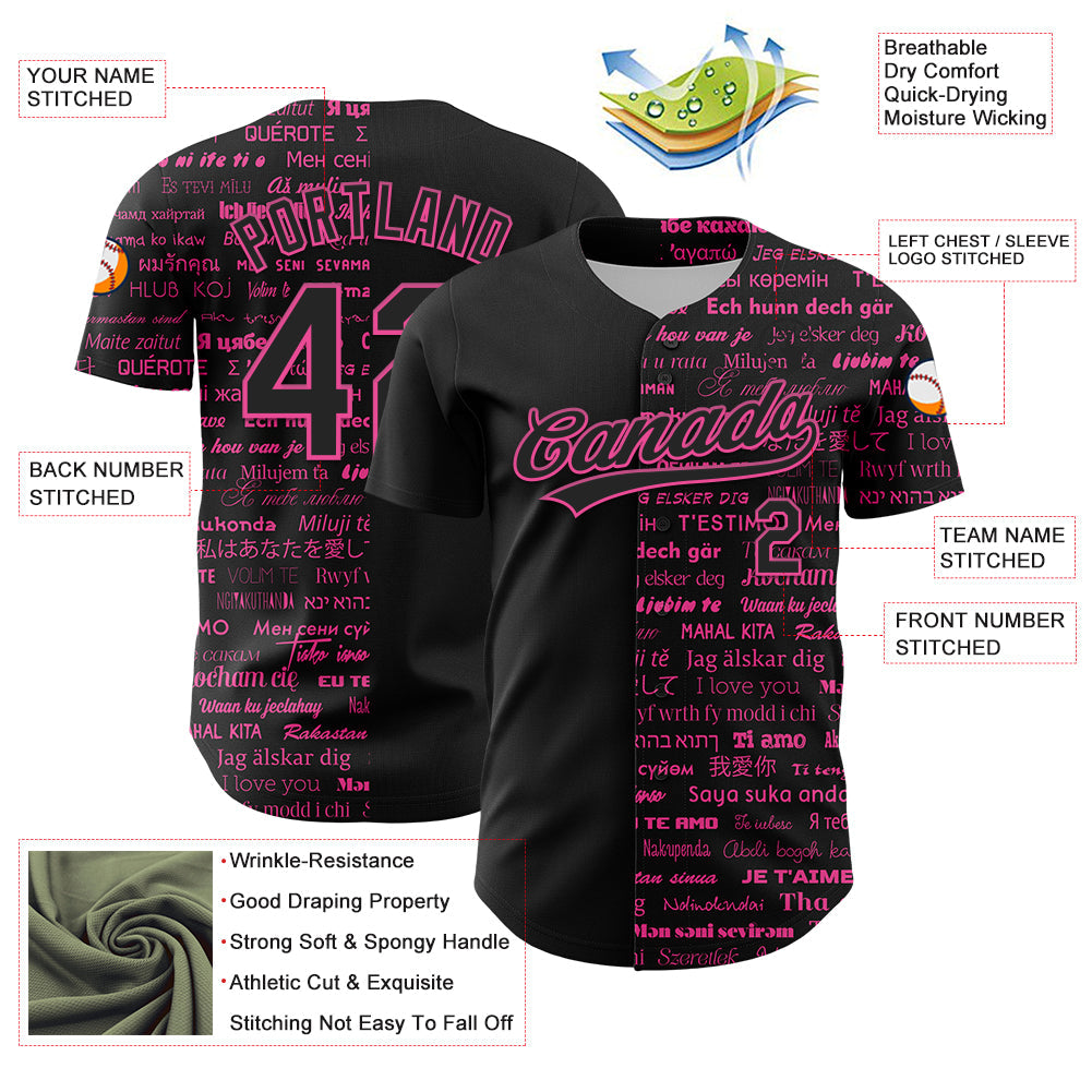 Custom Black Pink 3D Love Valentine's Day Authentic Baseball Jersey view 3