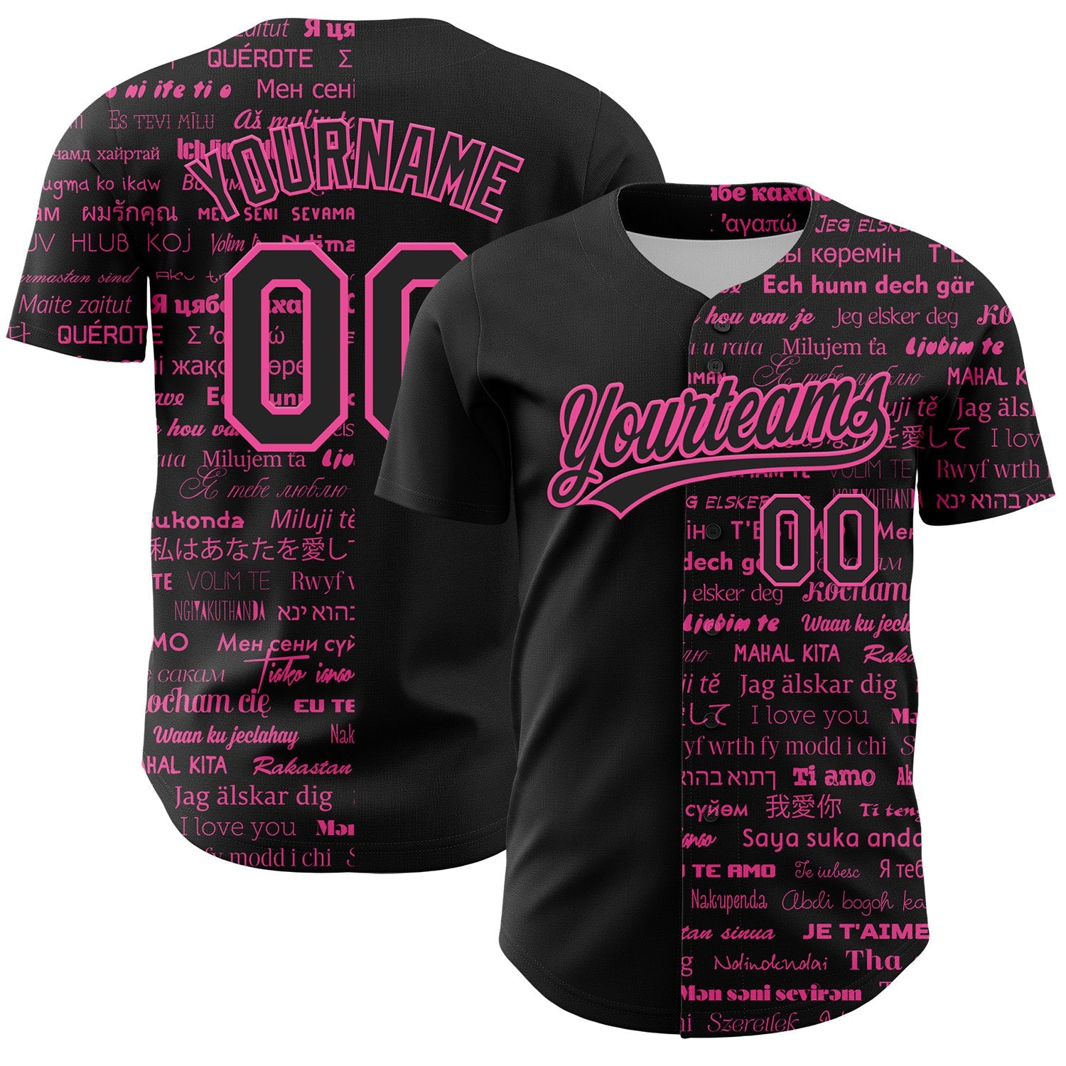 Custom Black Pink 3D Love Valentine's Day Authentic Baseball Jersey - Main View