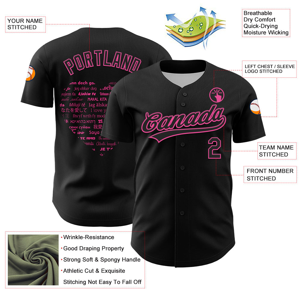 Custom Black Pink 3D Love Heart Valentine's Day Authentic Baseball Jersey view 3