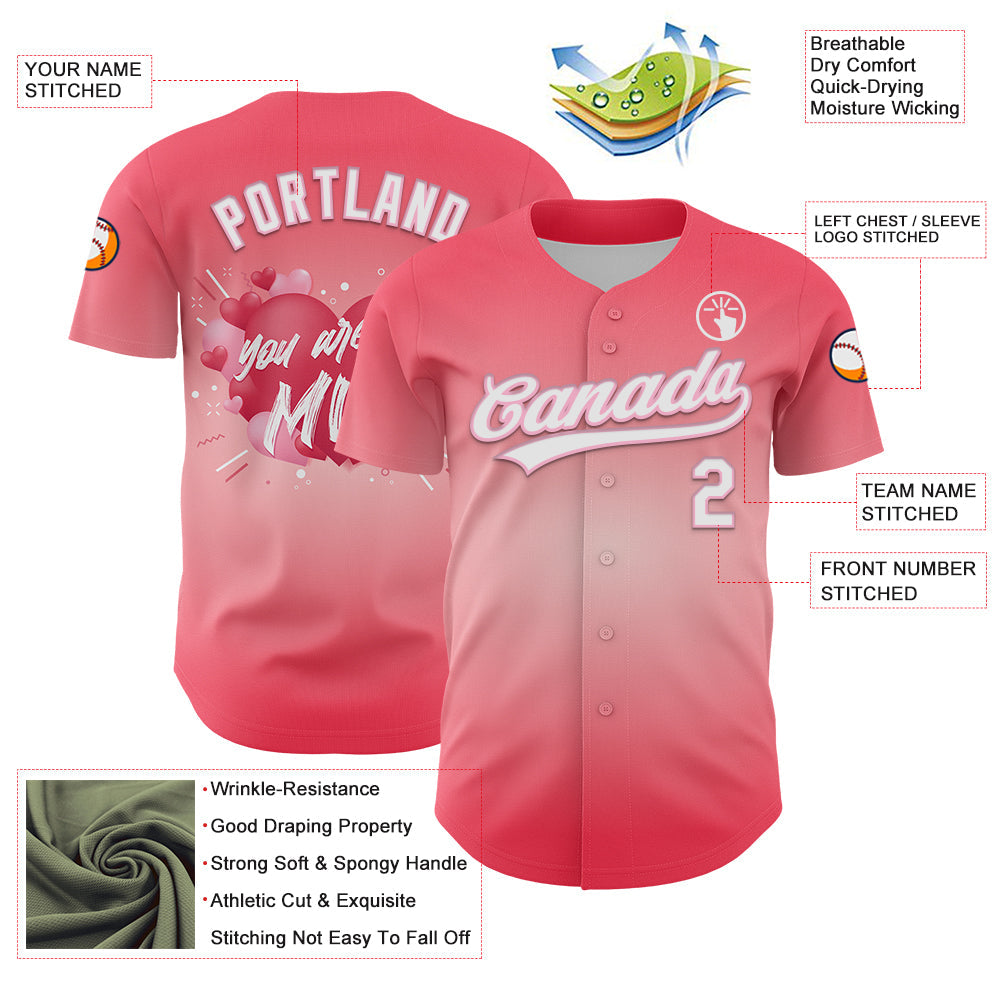 Custom Medium Pink White-Light Pink 3D Love Heart Valentine's Day Authentic Baseball Jersey view 3