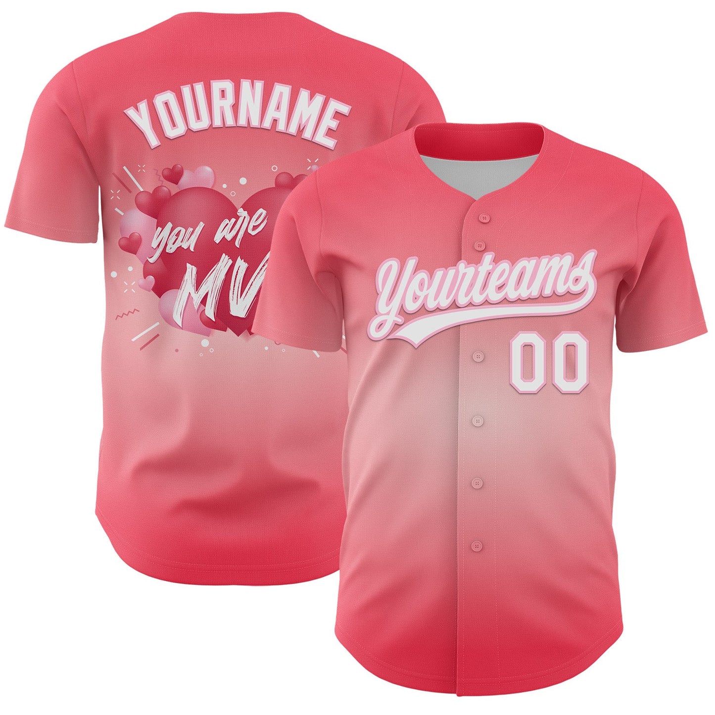 Custom Medium Pink White-Light Pink 3D Love Heart Valentine's Day Authentic Baseball Jersey - Main View