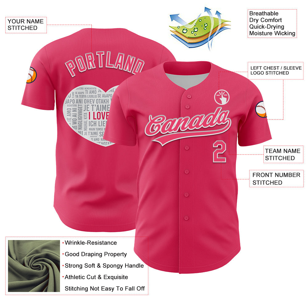 Custom Neon Pink White 3D Love Heart Valentine's Day Authentic Baseball Jersey view 3