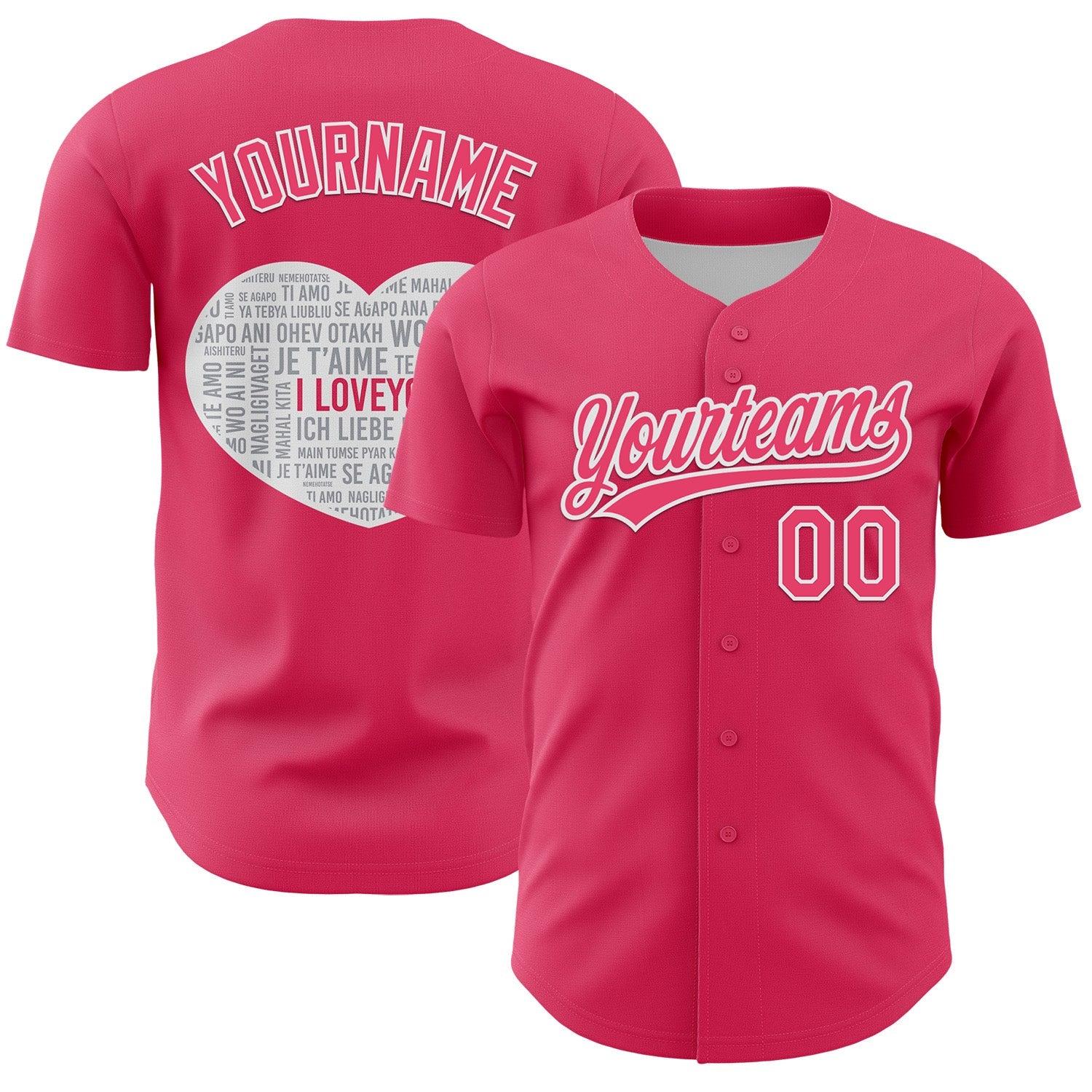 Custom Neon Pink White 3D Love Heart Valentine's Day Authentic Baseball Jersey - Main View