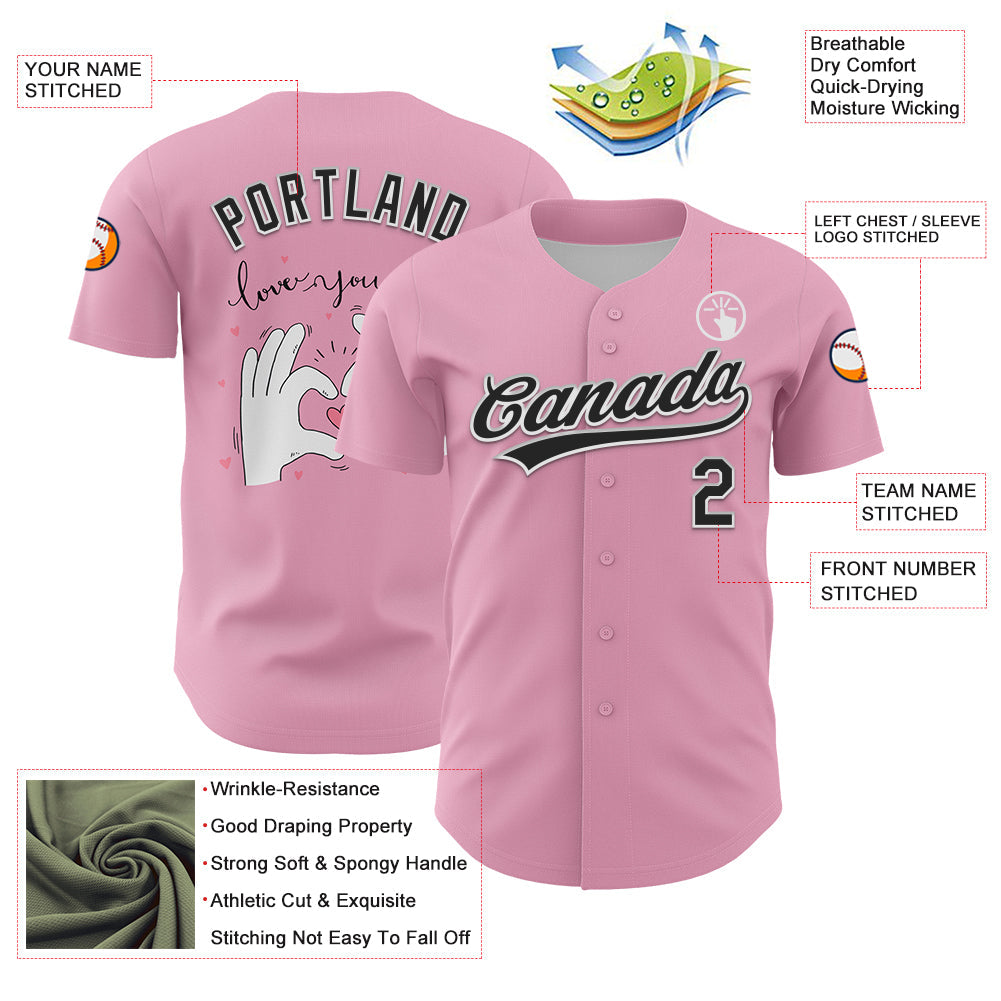 Custom Light Pink Black-White 3D Love Heart Valentine's Day Authentic Baseball Jersey view 3
