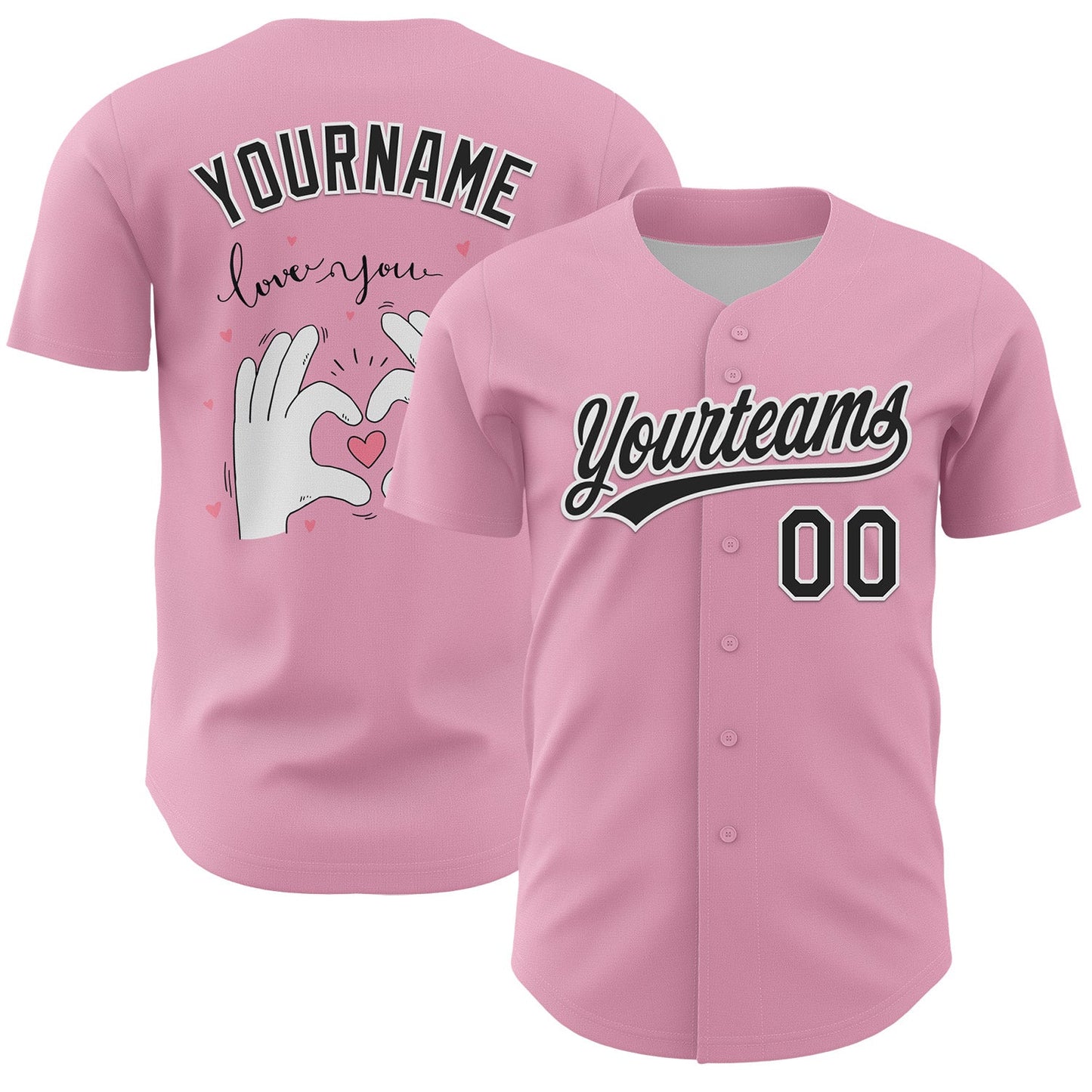 Custom Light Pink Black-White 3D Love Heart Valentine's Day Authentic Baseball Jersey - Main View
